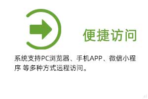 便攜訪問：系統(tǒng)支持PC瀏覽器、手機(jī)APP、微信小程序 等多種方式遠(yuǎn)程訪問。