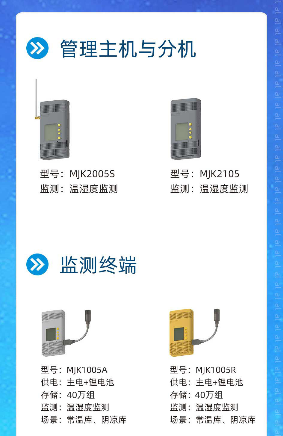 志翔領馭MJK2005系列溫濕度監(jiān)測系統(tǒng)包括MJK2005S溫濕度監(jiān)測主機、MJK2105溫濕度監(jiān)測分機、MJK1005A溫濕度監(jiān)測終端、MJK1005R分壓終端等